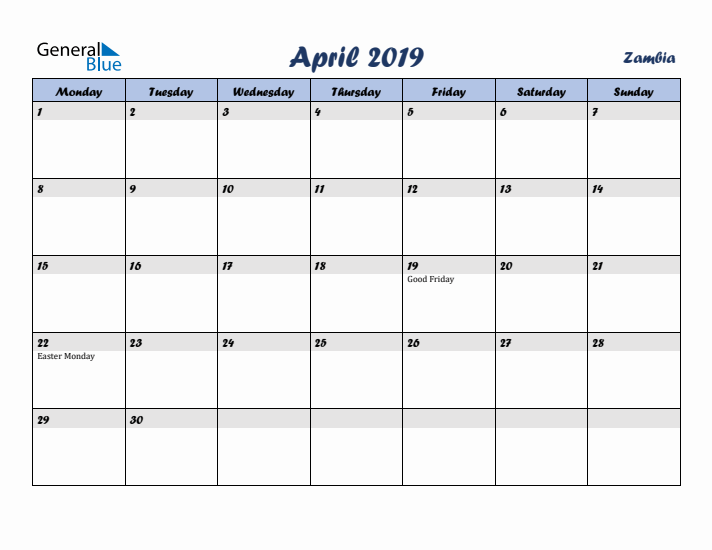 April 2019 Calendar with Holidays in Zambia