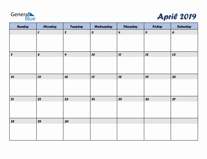April 2019 Blue Calendar (Sunday Start)