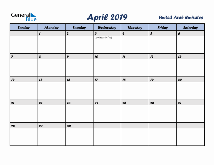 April 2019 Calendar with Holidays in United Arab Emirates