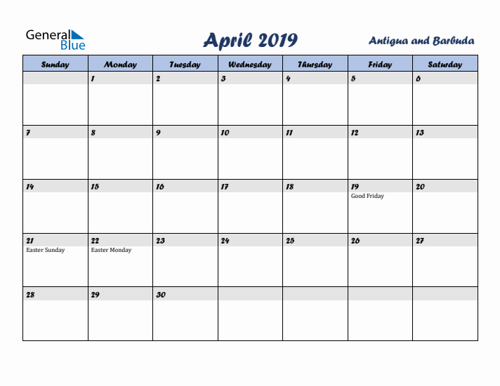 April 2019 Calendar with Holidays in Antigua and Barbuda