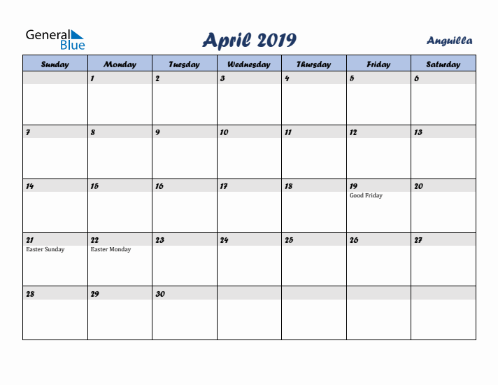 April 2019 Calendar with Holidays in Anguilla