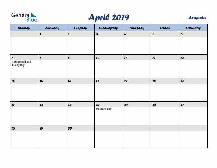April 2019 Calendar with Holidays in Armenia