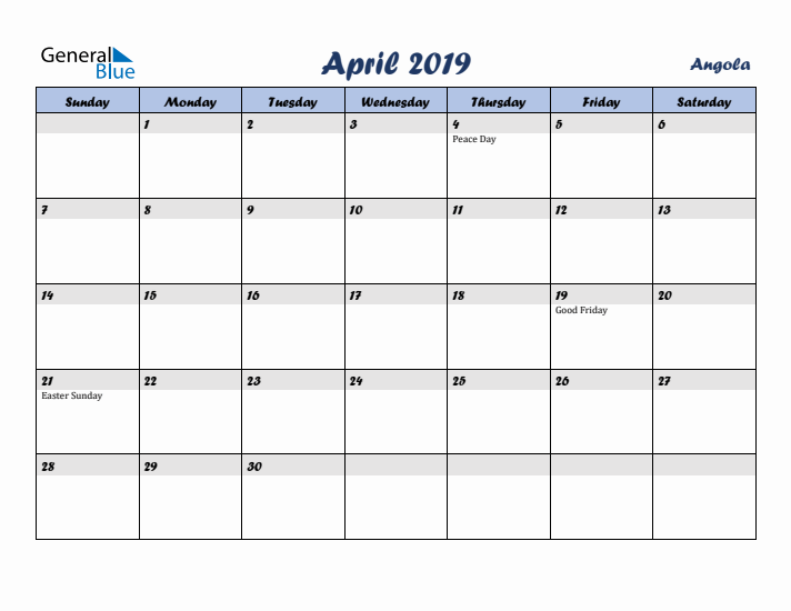 April 2019 Calendar with Holidays in Angola