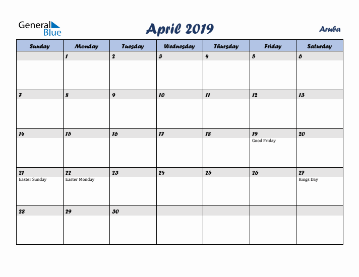 April 2019 Calendar with Holidays in Aruba