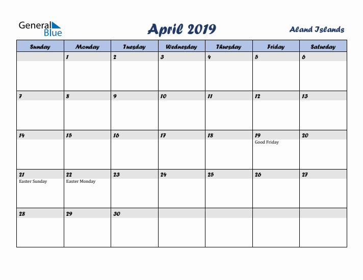 April 2019 Calendar with Holidays in Aland Islands