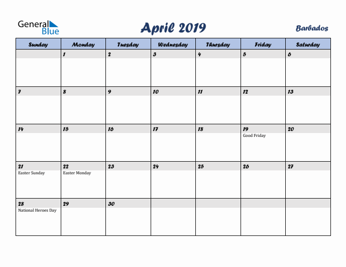 April 2019 Calendar with Holidays in Barbados