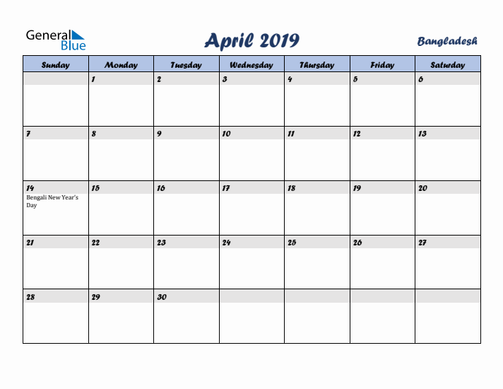 April 2019 Calendar with Holidays in Bangladesh