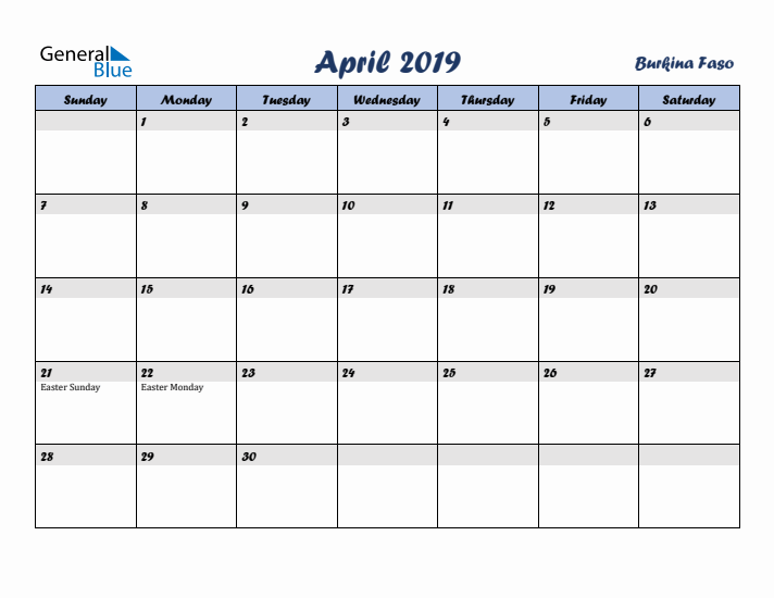 April 2019 Calendar with Holidays in Burkina Faso