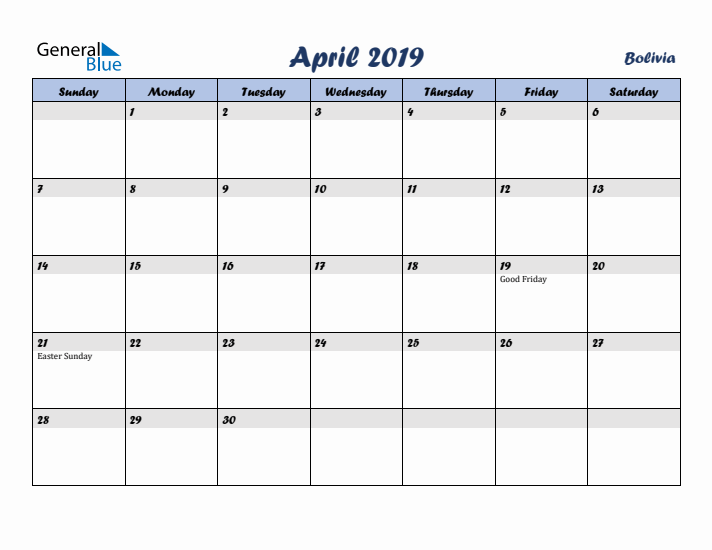 April 2019 Calendar with Holidays in Bolivia