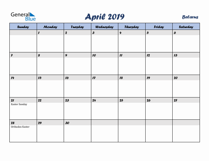 April 2019 Calendar with Holidays in Belarus