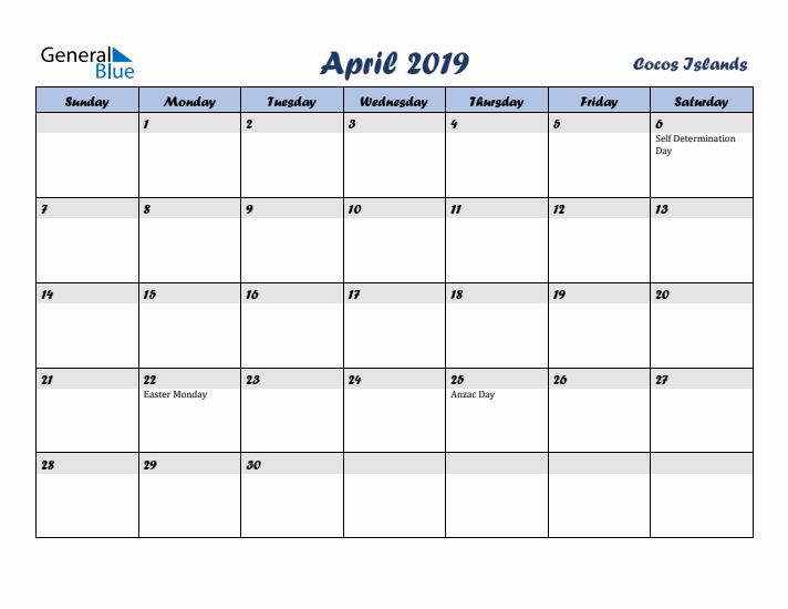 April 2019 Calendar with Holidays in Cocos Islands