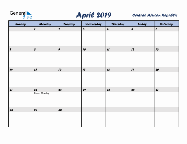 April 2019 Calendar with Holidays in Central African Republic