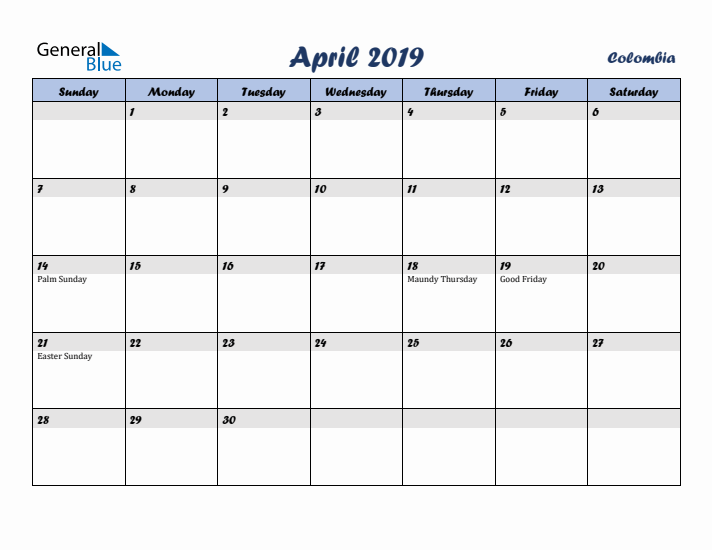 April 2019 Calendar with Holidays in Colombia