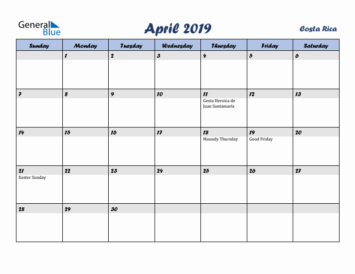 April 2019 Calendar with Holidays in Costa Rica