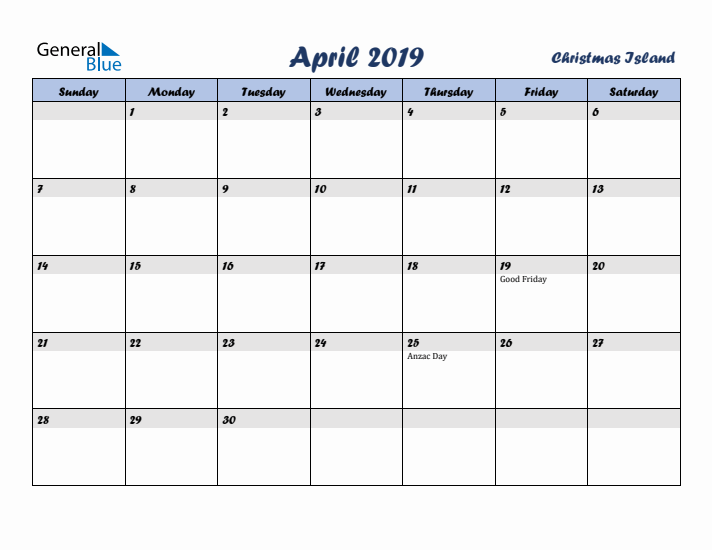 April 2019 Calendar with Holidays in Christmas Island