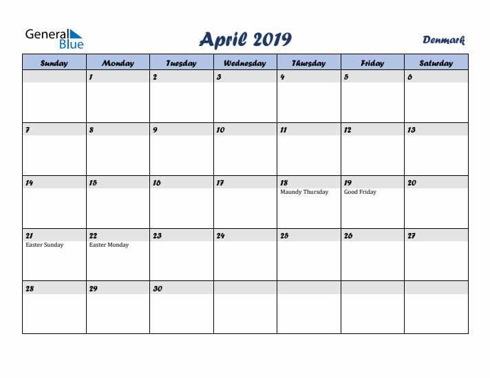 April 2019 Calendar with Holidays in Denmark