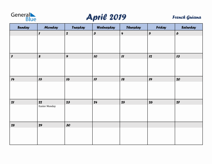 April 2019 Calendar with Holidays in French Guiana