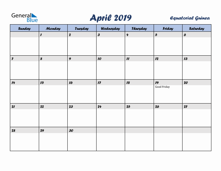 April 2019 Calendar with Holidays in Equatorial Guinea