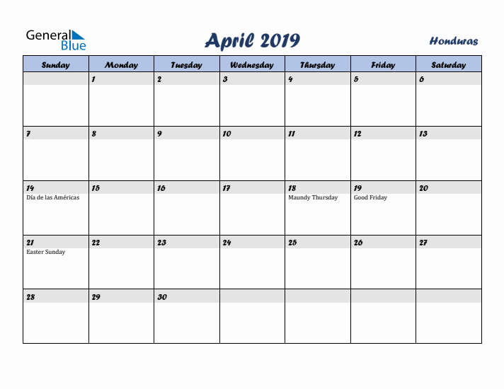 April 2019 Calendar with Holidays in Honduras
