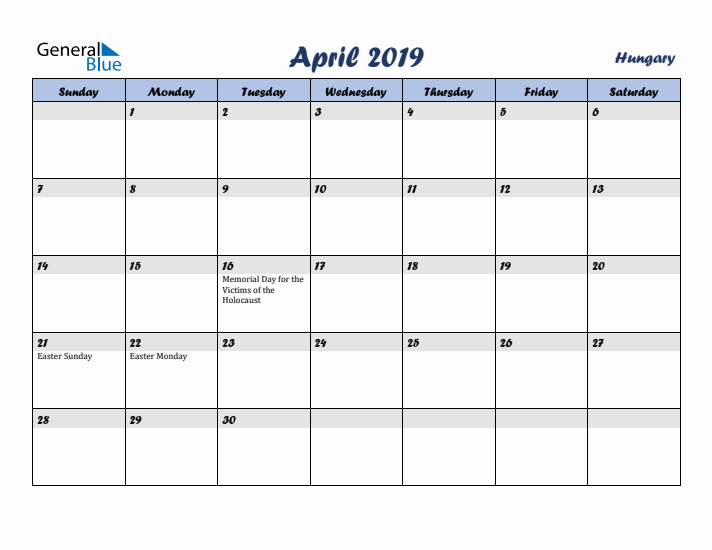 April 2019 Calendar with Holidays in Hungary