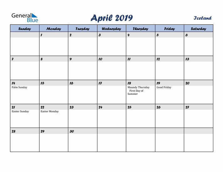 April 2019 Calendar with Holidays in Iceland