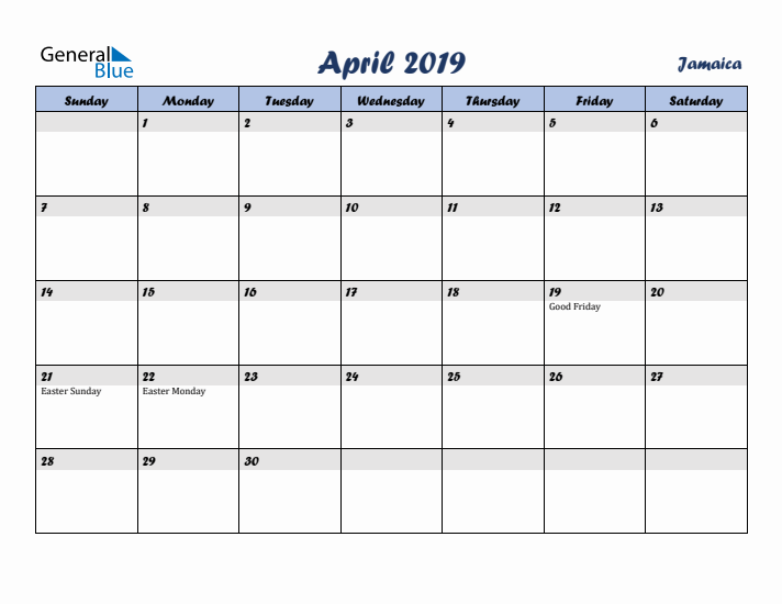 April 2019 Calendar with Holidays in Jamaica