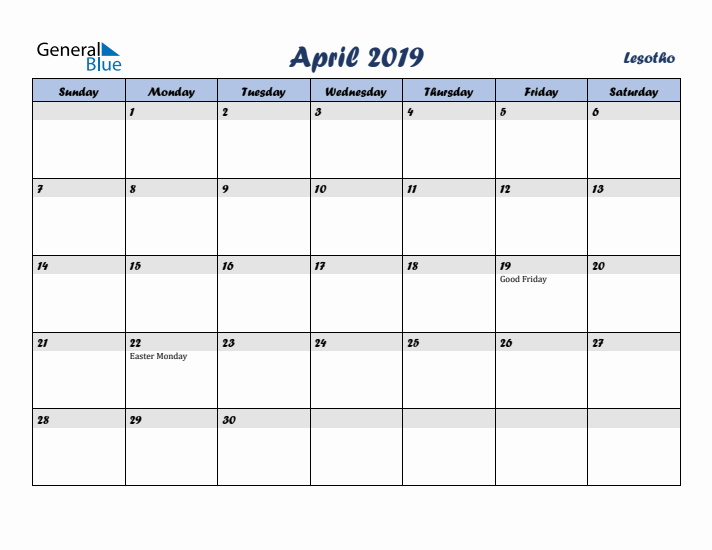 April 2019 Calendar with Holidays in Lesotho