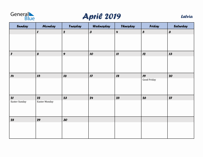 April 2019 Calendar with Holidays in Latvia