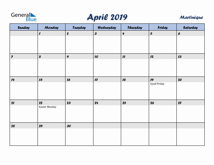 April 2019 Calendar with Holidays in Martinique