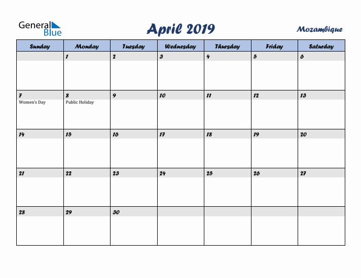April 2019 Calendar with Holidays in Mozambique