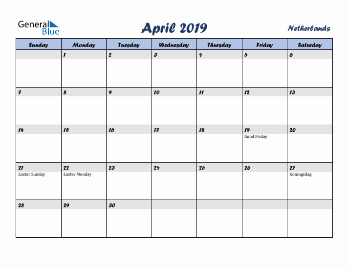 April 2019 Calendar with Holidays in The Netherlands