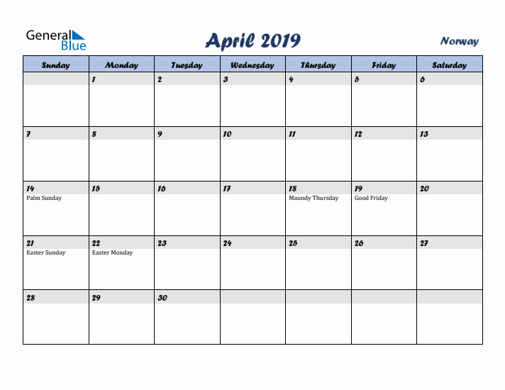 April 2019 Calendar with Holidays in Norway
