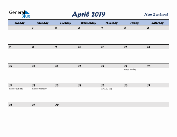 April 2019 Calendar with Holidays in New Zealand