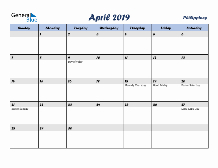April 2019 Calendar with Holidays in Philippines