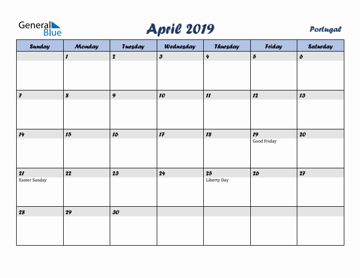 April 2019 Calendar with Holidays in Portugal