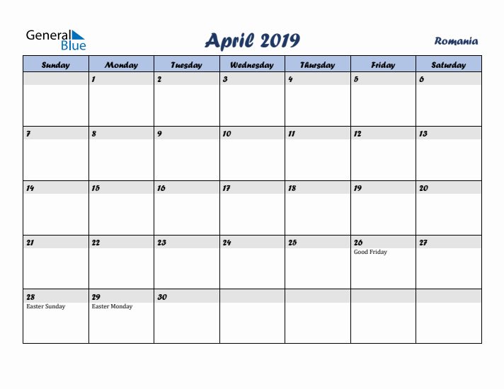 April 2019 Calendar with Holidays in Romania