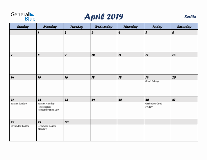 April 2019 Calendar with Holidays in Serbia