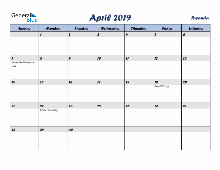 April 2019 Calendar with Holidays in Rwanda