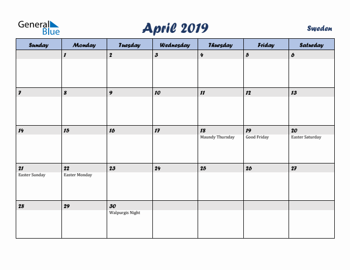 April 2019 Calendar with Holidays in Sweden