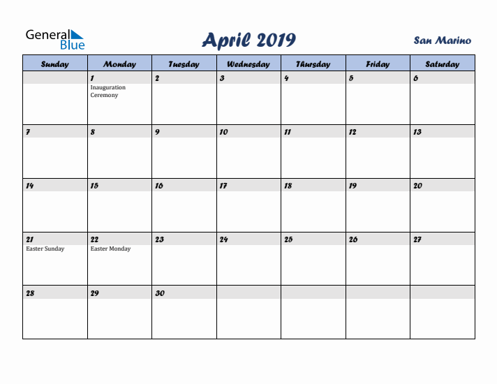 April 2019 Calendar with Holidays in San Marino