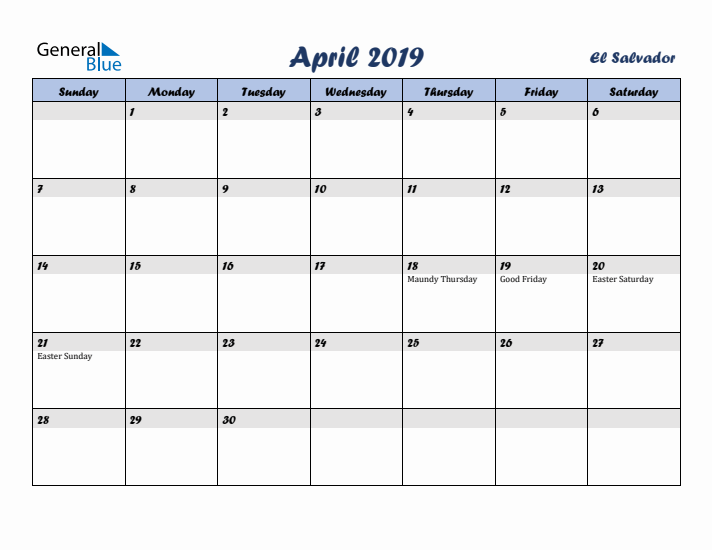 April 2019 Calendar with Holidays in El Salvador