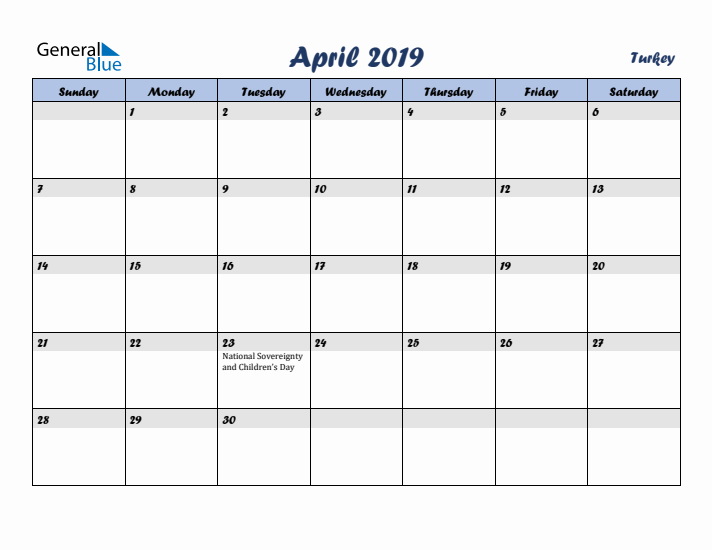 April 2019 Calendar with Holidays in Turkey