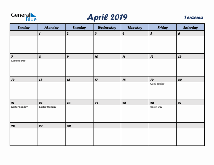 April 2019 Calendar with Holidays in Tanzania