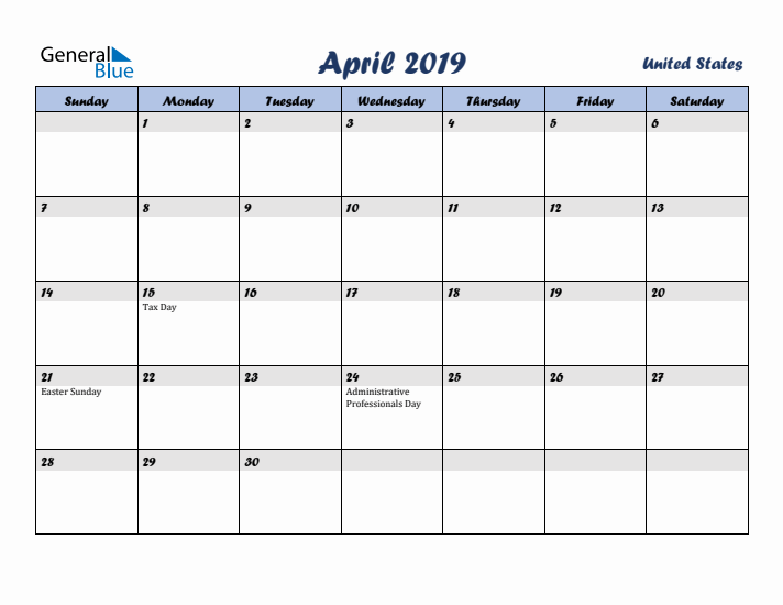 April 2019 Calendar with Holidays in United States