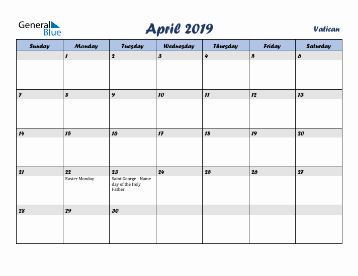 April 2019 Calendar with Holidays in Vatican