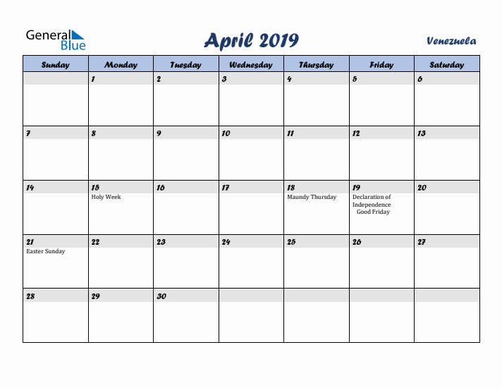 April 2019 Calendar with Holidays in Venezuela