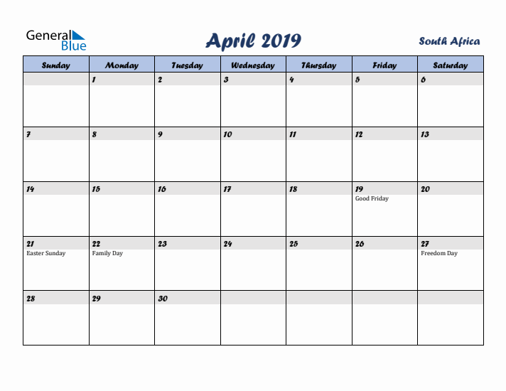 April 2019 Calendar with Holidays in South Africa