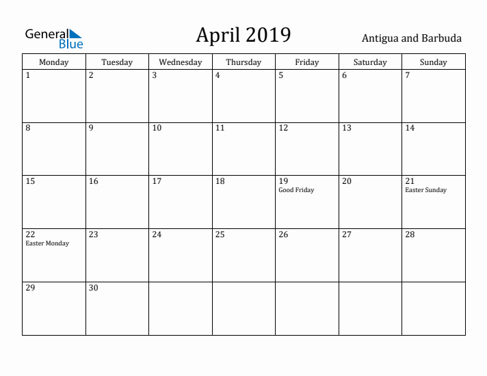 April 2019 Calendar Antigua and Barbuda