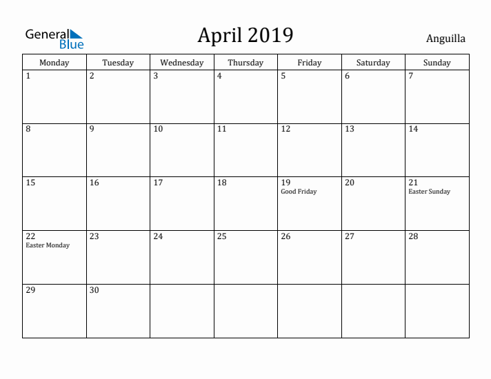April 2019 Calendar Anguilla