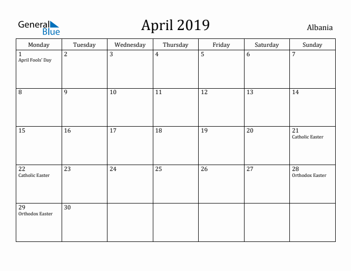 April 2019 Calendar Albania